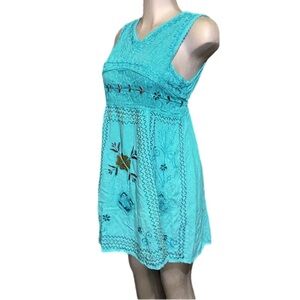 Neelam Floral Embroidered Turquoise/Teal Sleeveless Dress Bohemian Hippie-Chic M